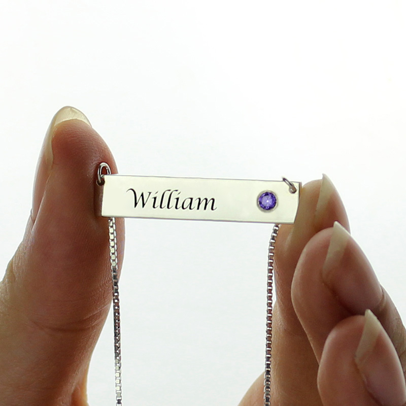 Nameplate Bar Necklace with Birthstone Silver