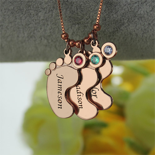 Mother Pendant Baby Feet Necklace In Rose Gold